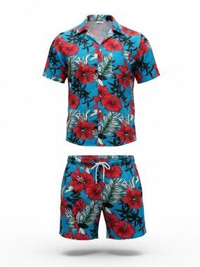 Jogal Tropical Hawaiian Matching Set Floral Shirt Shorts Large